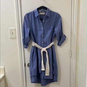 Stylish Blue Long Sleeve Dress with Cream Belt